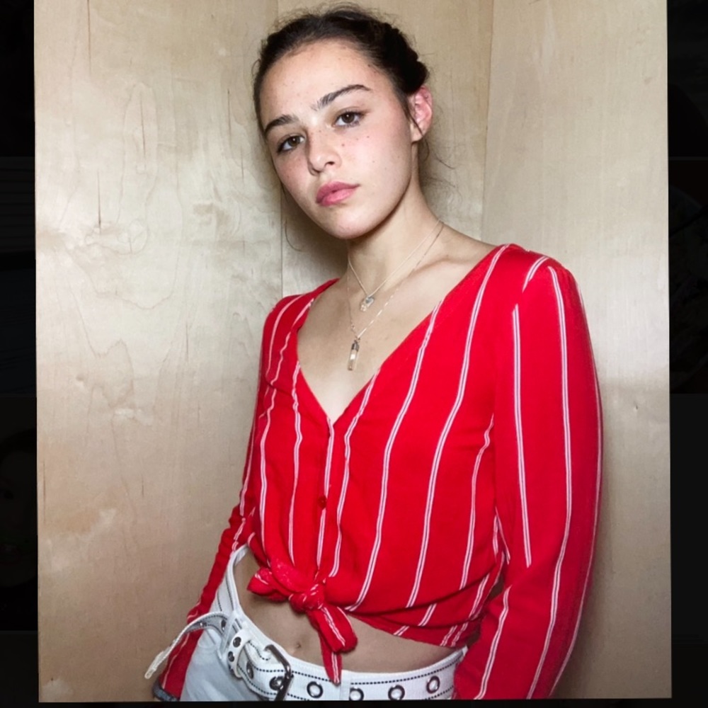 Divided red button down cropped long sleeve shirt